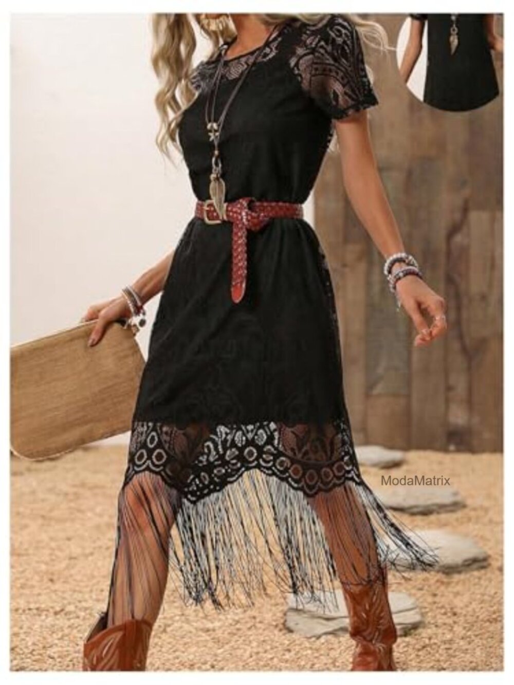 Women's Western 2 Piece Fringe Dress Set Midi Boho Layered - Picture 2 of 7